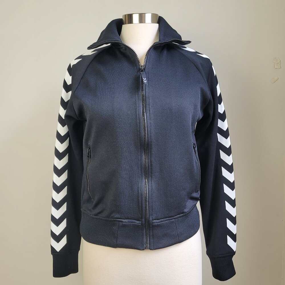 Hummel Girls Black White Chevron Sleeve High Roll Neck Zip Up Track Jacket Sz L